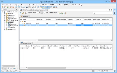 Teradata DBA Tool Session Manager Sessions in Aqua Data Studio