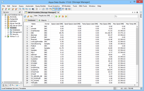 Teradata DBA Tool Storage Manager Databases in Aqua Data Studio