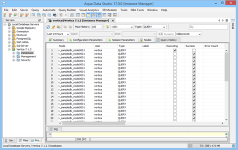 Vertica DBA Tool Instance Manager Query History in Aqua Data Studio