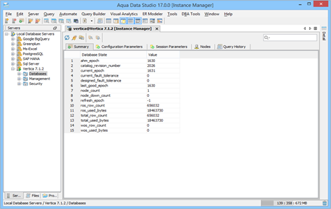 Vertica DBA Tool Instance Manager Summary in Aqua Data Studio