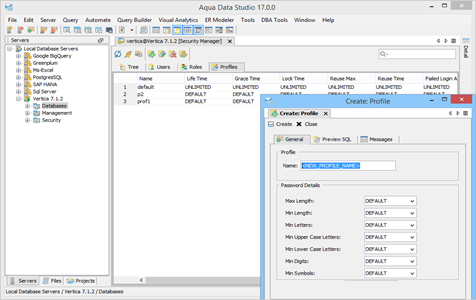 Vertica DBA Tool Security Manager Profiles in Aqua Data Studio