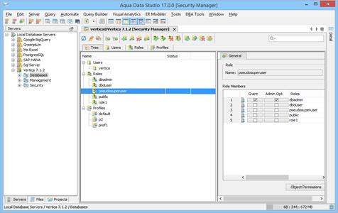 Vertica DBA Tool Security Manager Tree in Aqua Data Studio