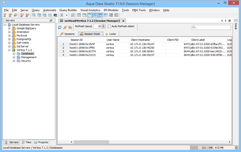 Vertica DBA Tool Session Manager Session Stats in Aqua Data Studio