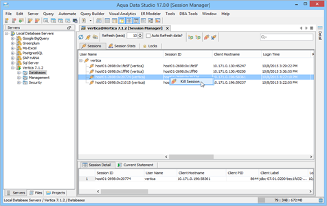 Vertica DBA Tool Session Manager Sessions in Aqua Data Studio