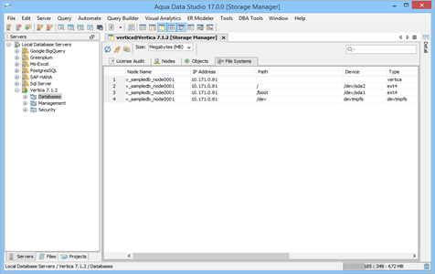 Vertica DBA Tool Storage Manager File Systems in Aqua Data Studio