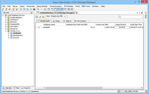 Vertica DBA Tool Storage Manager License Audit in Aqua Data Studio