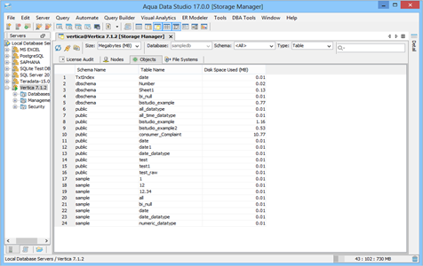 Vertica DBA Tool Storage Manager Objects in Aqua Data Studio