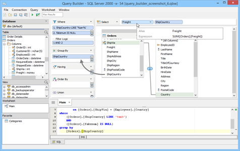 Visual Query Builder Group By with Sum in Aqua Data Studio