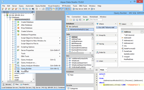 Visual Query Builder Right Click Menu in Aqua Data Studio
