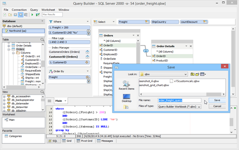 Visual Query Builder Save As in Aqua Data Studio