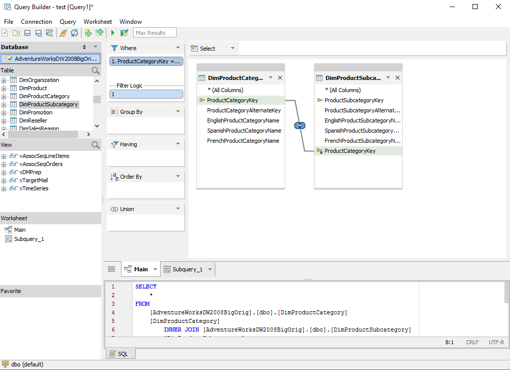 Aqua Data Studio - Screenshot for how to visually build queries